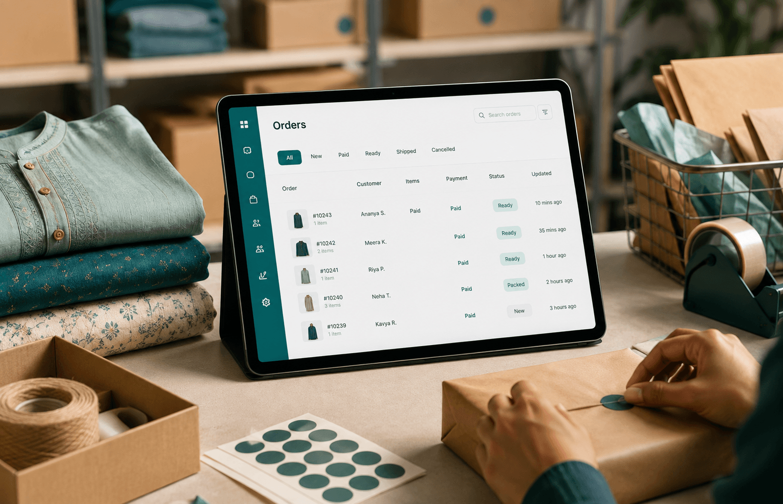 Orders board with payment status and fulfilment details