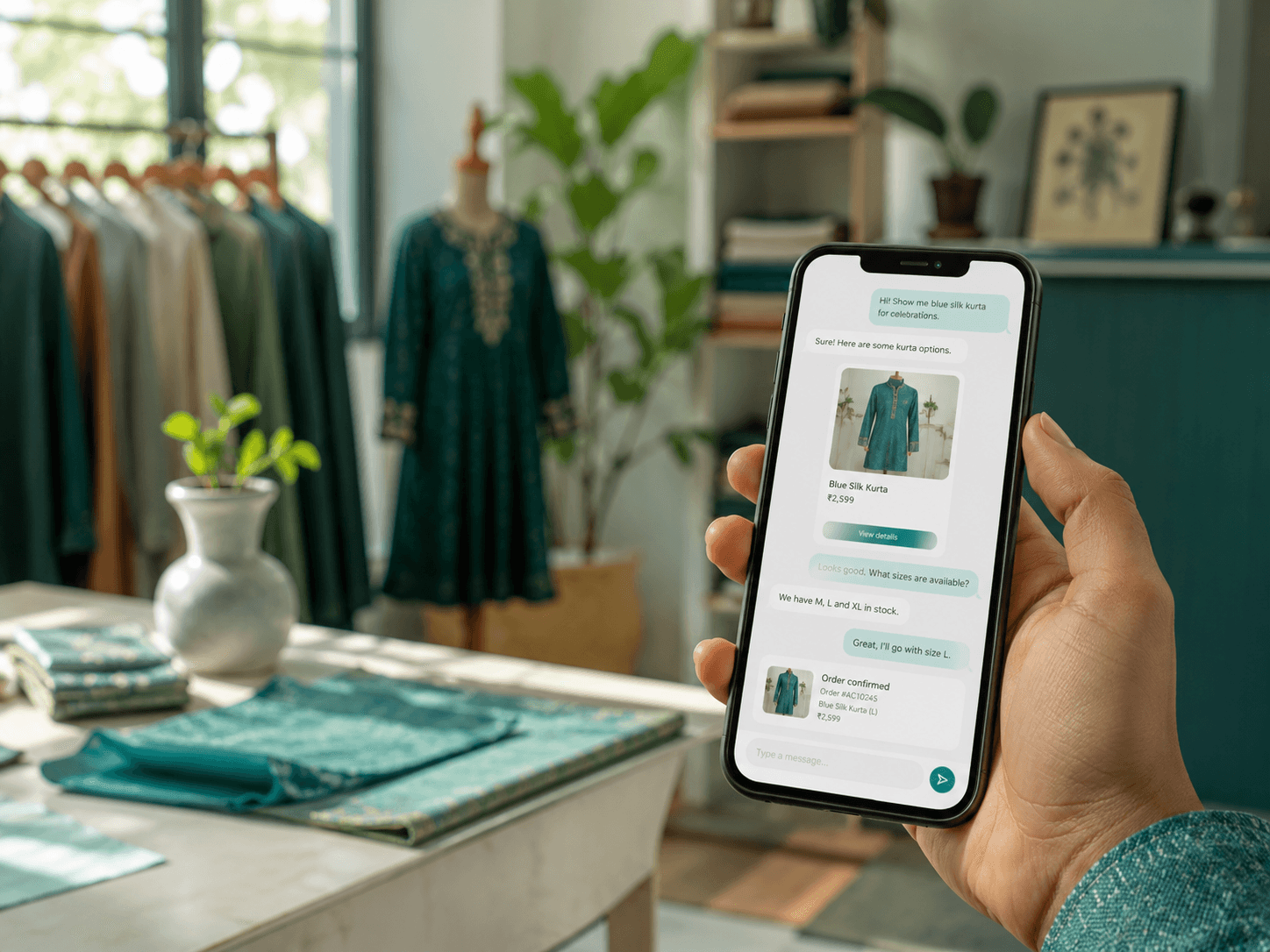 AI commerce conversation - the assistant recommends a product, adds it to the cart, and confirms the order in WhatsApp