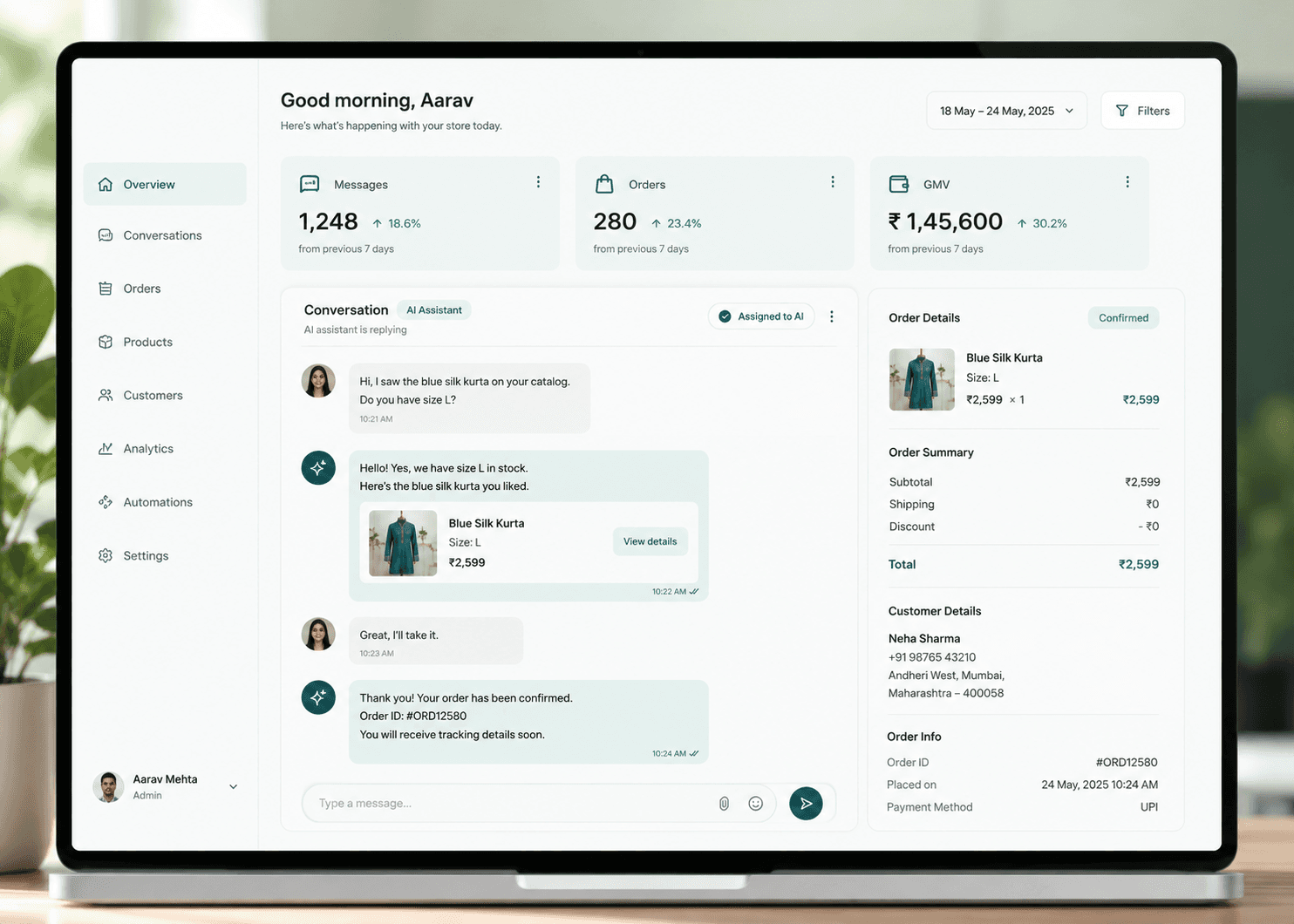 Tegain commerce dashboard showing messages, orders, and GMV for the day